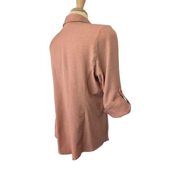 Cavalini Pink Button-Up Shirt Women Sz PL Roll-Tab Slv Collared Rib Knit Detail - Picture 3 of 9
